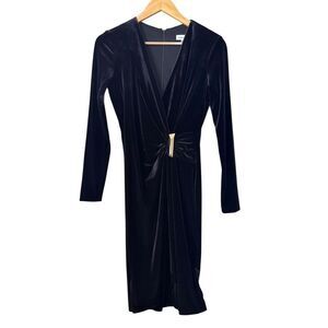 Calvin Klein Faux-Wrap Long-Sleeve Velvet Sheath Dress black size 4 new